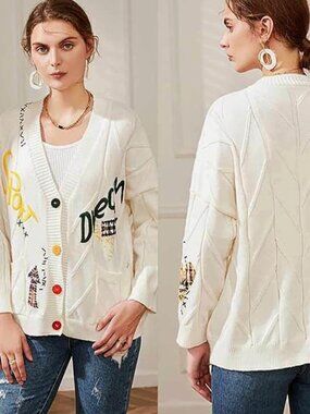 Ebossy Cable Knit Embroidered "Dream" Cardigan Sweater - Cream/Ivory Size Large